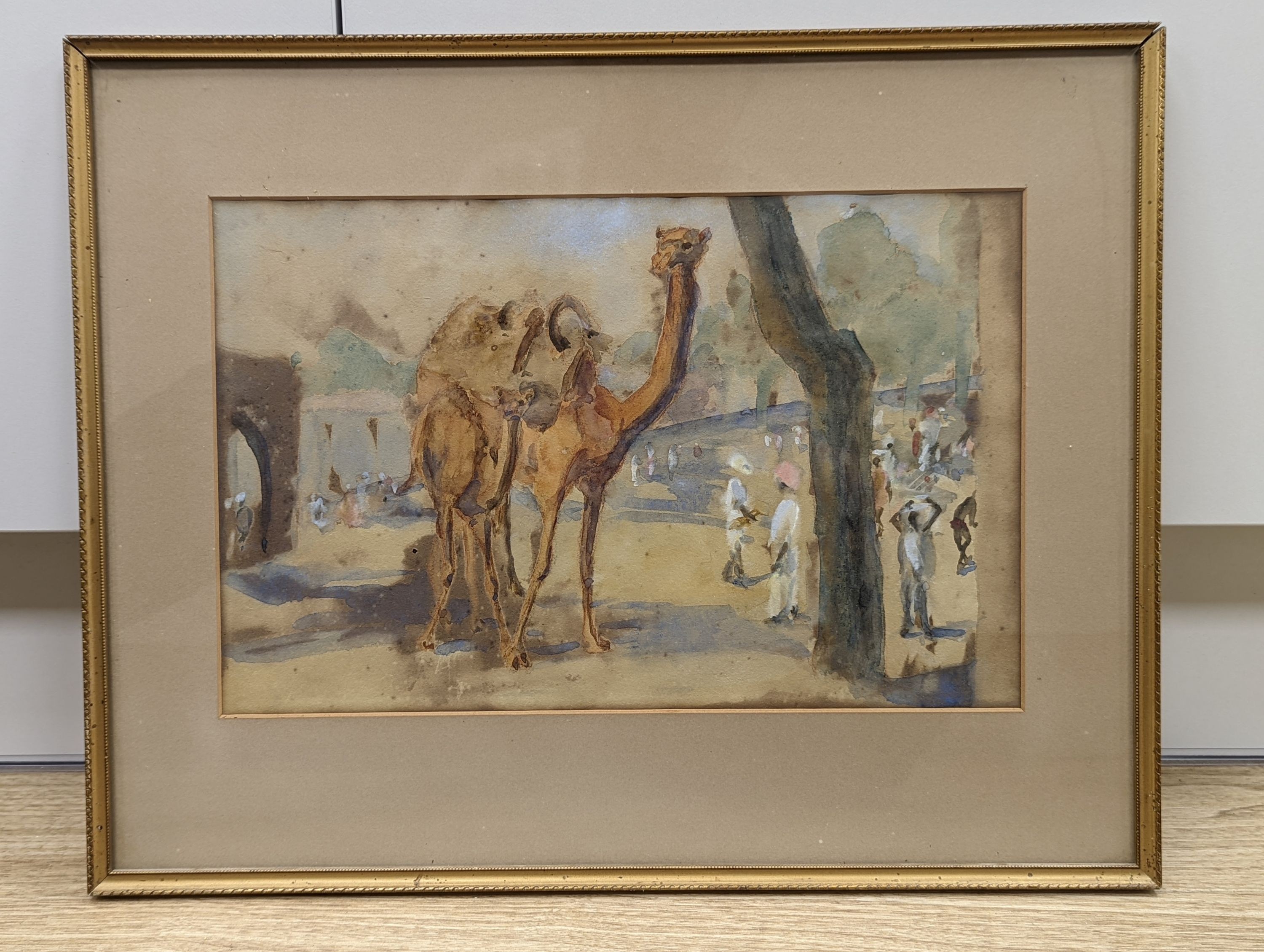 Anne Benthall (Exh.1919), watercolour, Camel and figures, North Africa, inscribed verso, 22 x 35cm